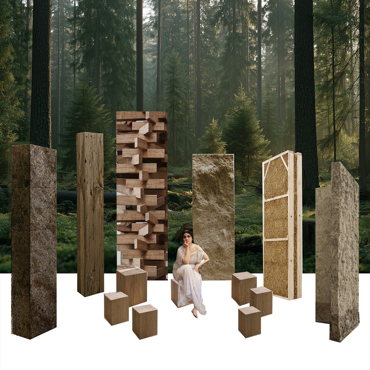 Collage sketch of future biomaterial columns set in a forest